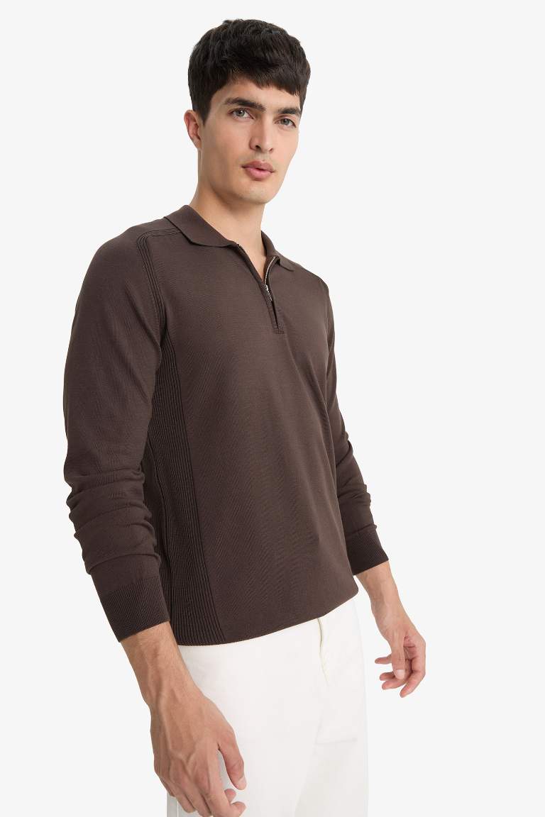 Standart Fit Polo Yaka Yarım Fermuarlı Premium Triko Kazak