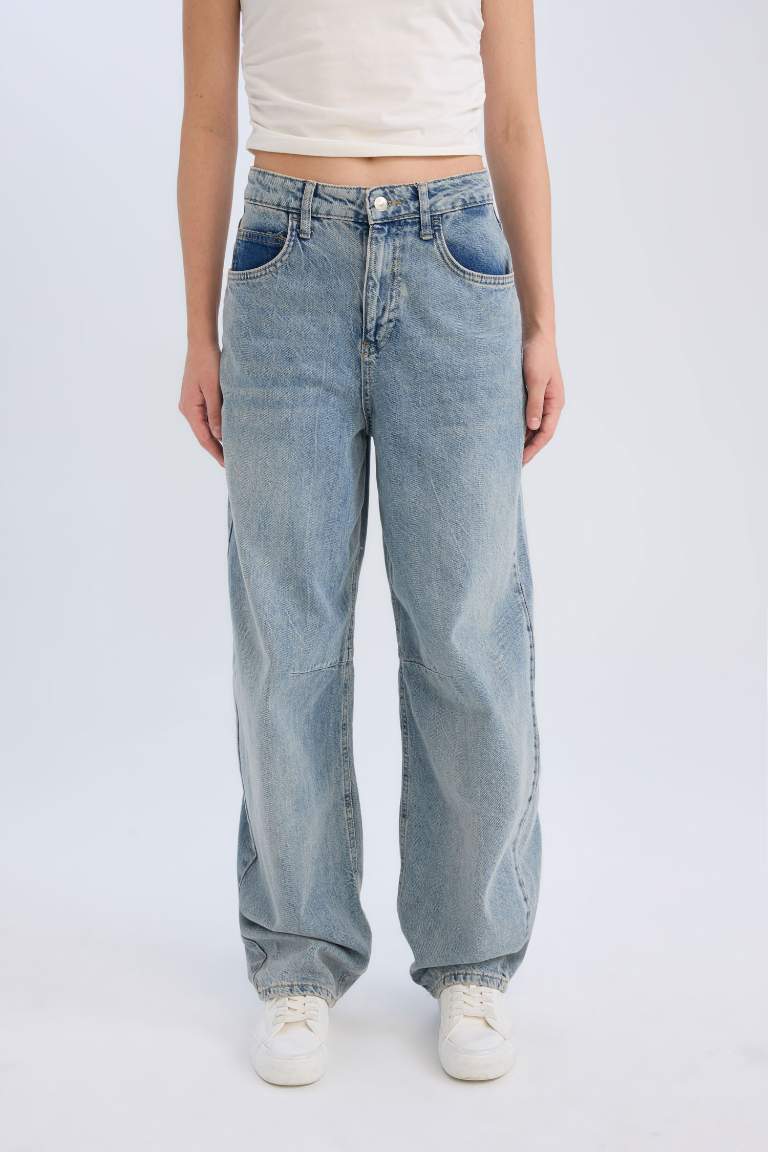 Baggy Fit Yüksek Bel Uzun Jean Yıkamalı Pantolon