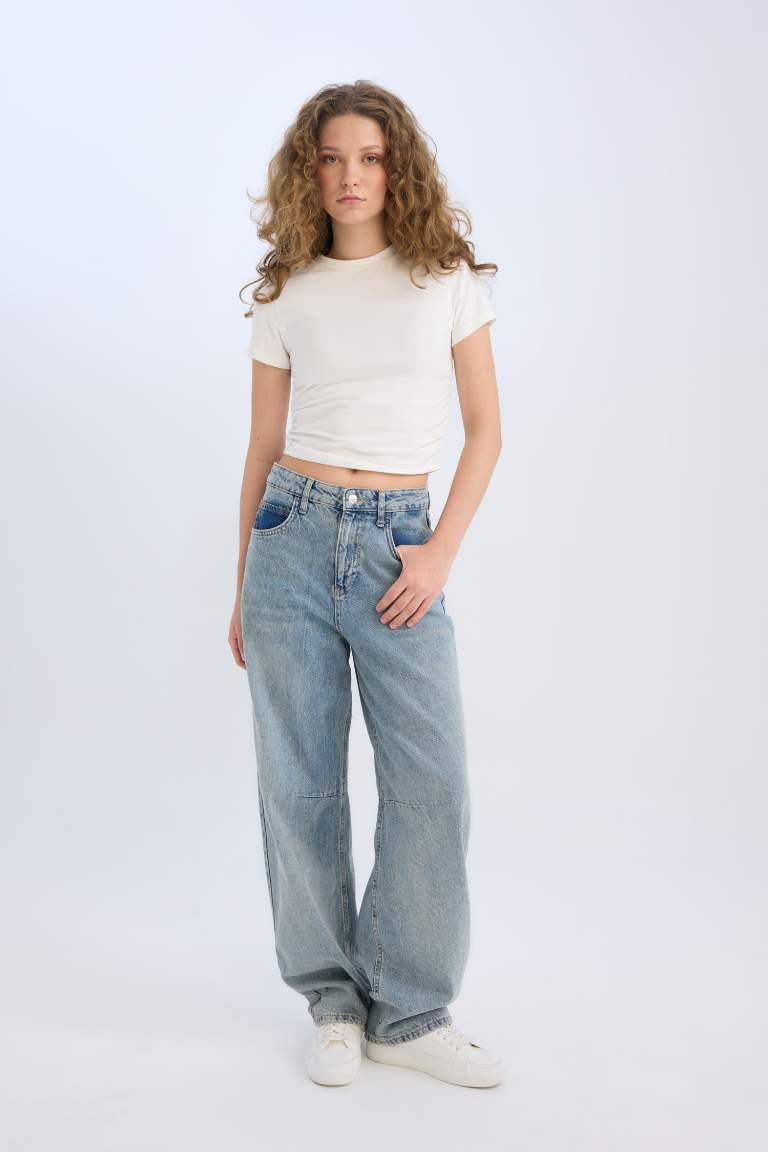 Baggy Fit Yüksek Bel Uzun Jean Yıkamalı Pantolon