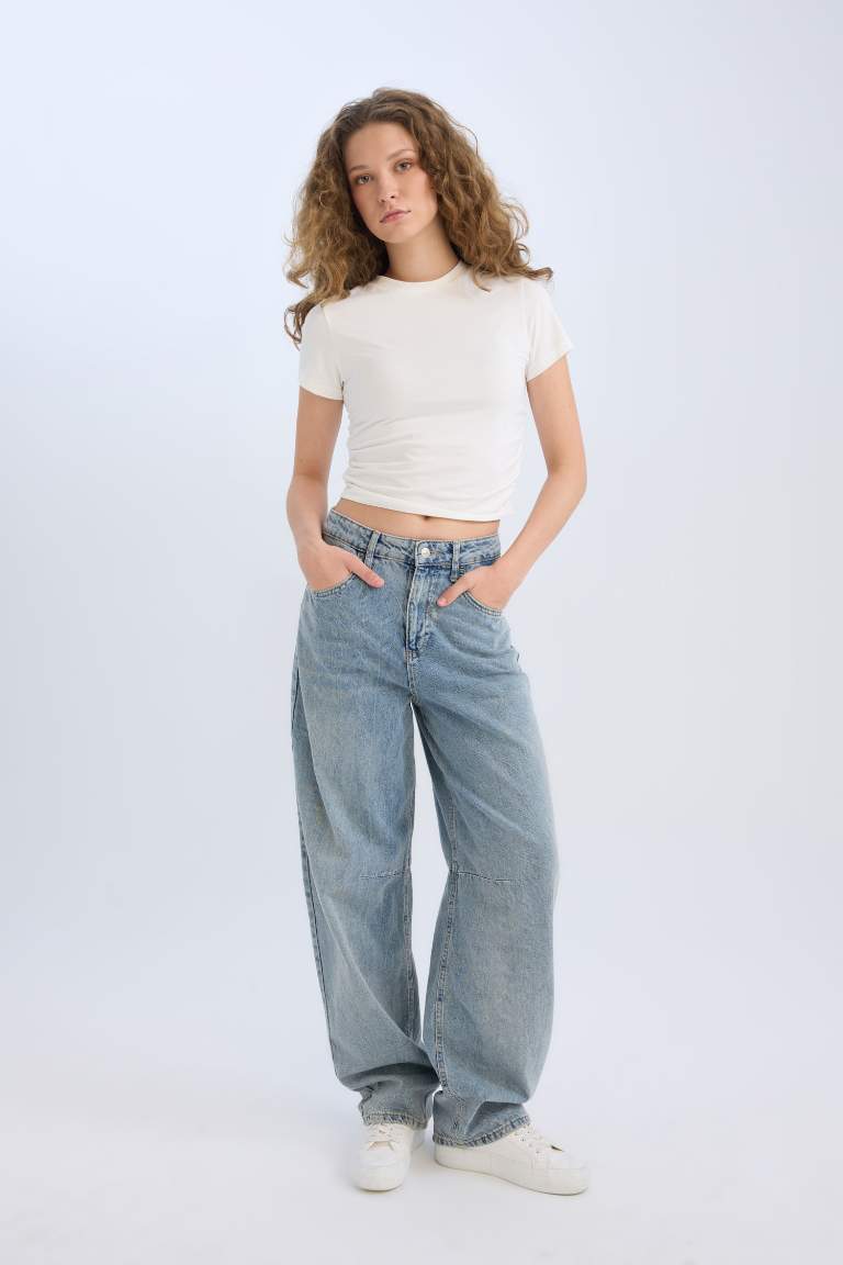 Baggy Fit Yüksek Bel Uzun Jean Yıkamalı Pantolon