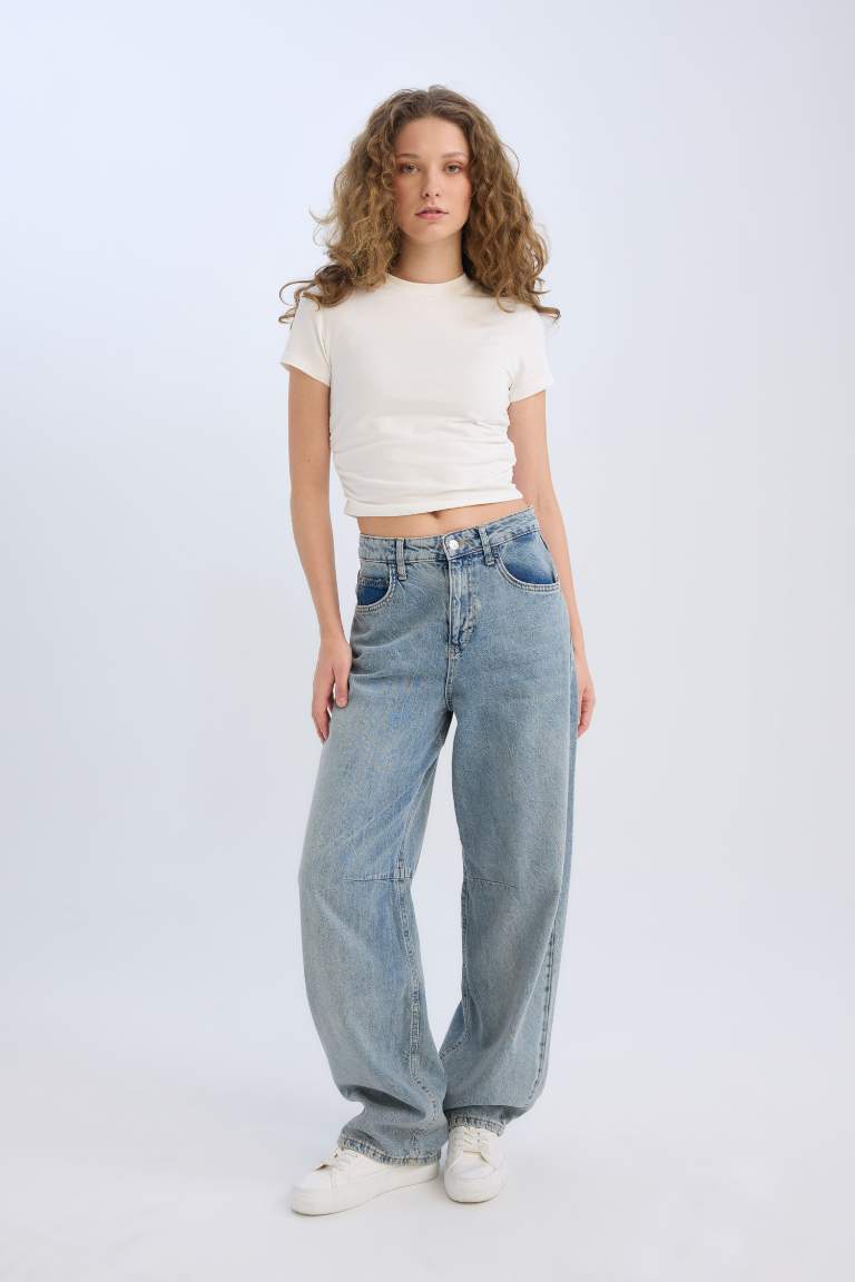Baggy Fit Yüksek Bel Uzun Jean Yıkamalı Pantolon