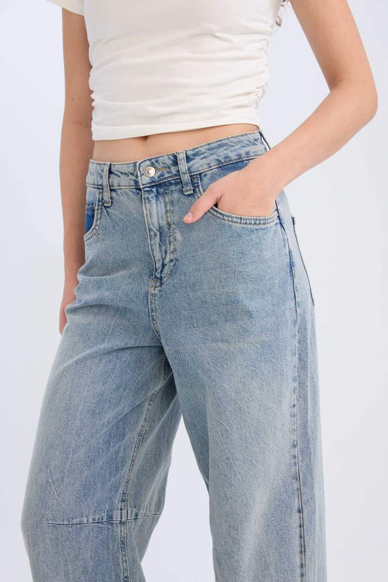 Baggy Fit Yüksek Bel Uzun Jean Yıkamalı Pantolon