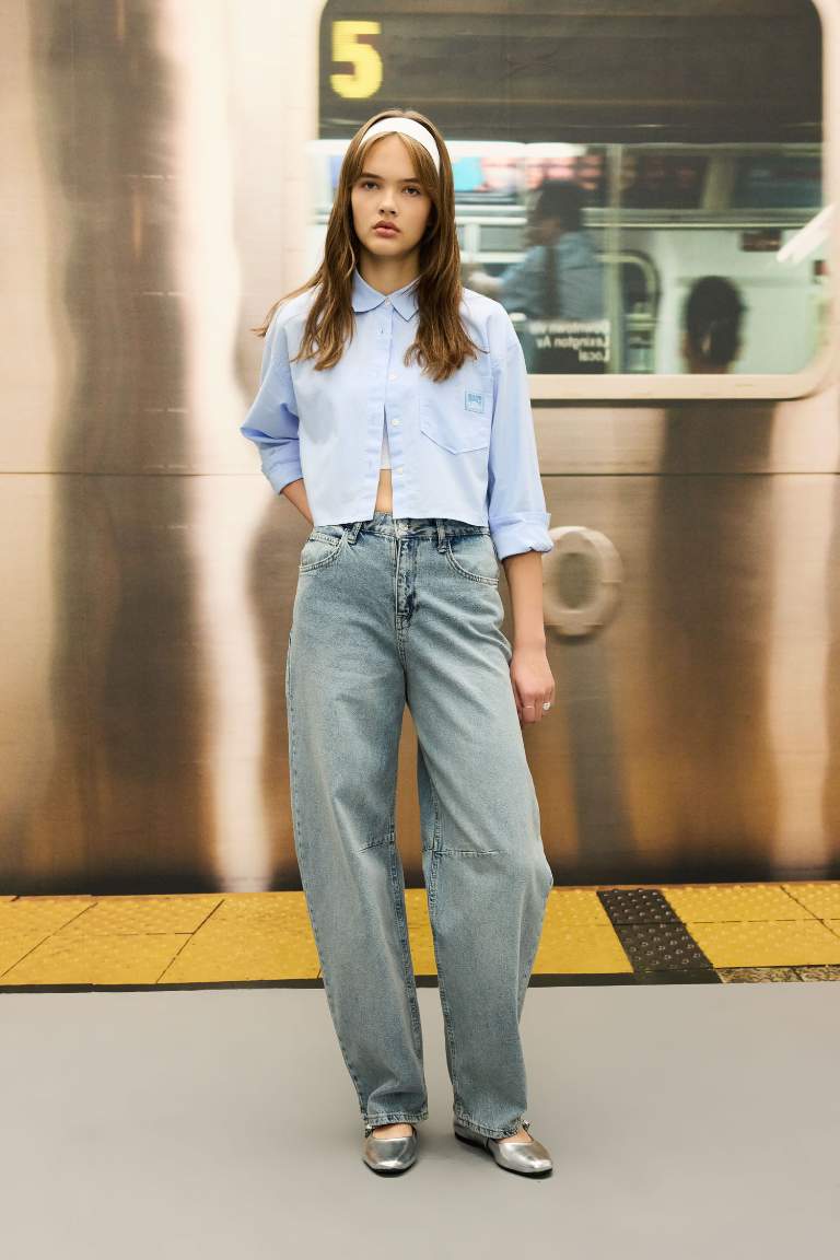 Baggy Fit Yüksek Bel Uzun Jean Yıkamalı Pantolon