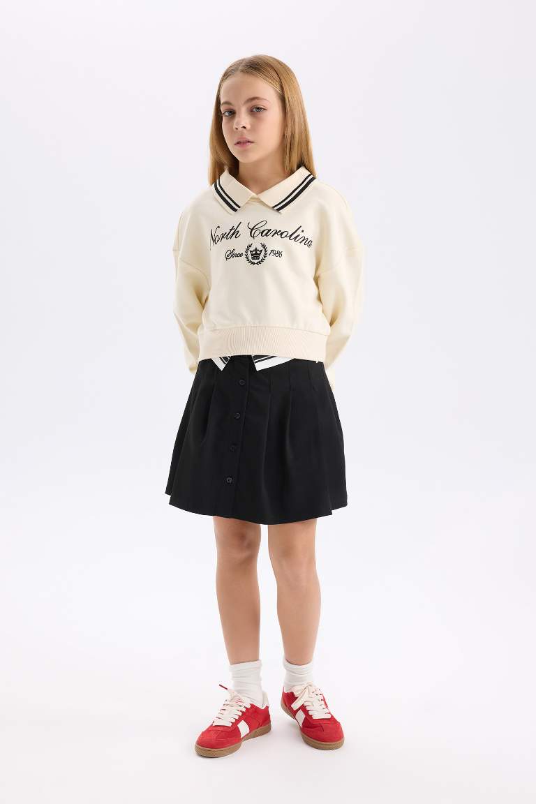 Girl Relax Fit Polo Neck Slogan Printed Sweatshirt