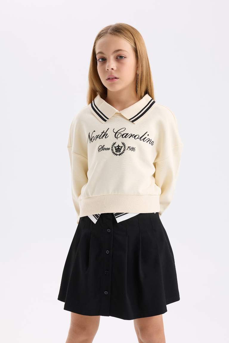 Girl Relax Fit Polo Neck Slogan Printed Sweatshirt