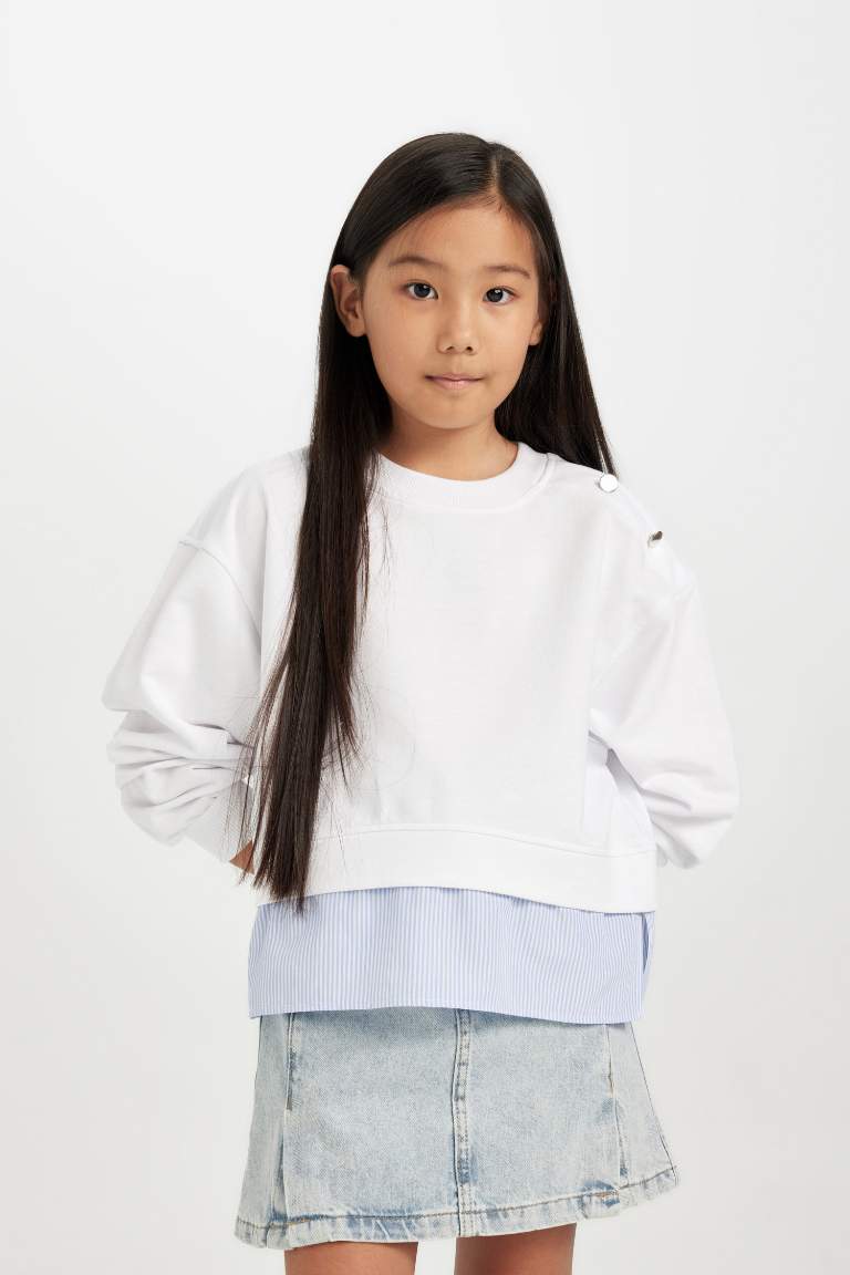 Girl Relax Fit Crew Neck Button Detail Sweatshirt