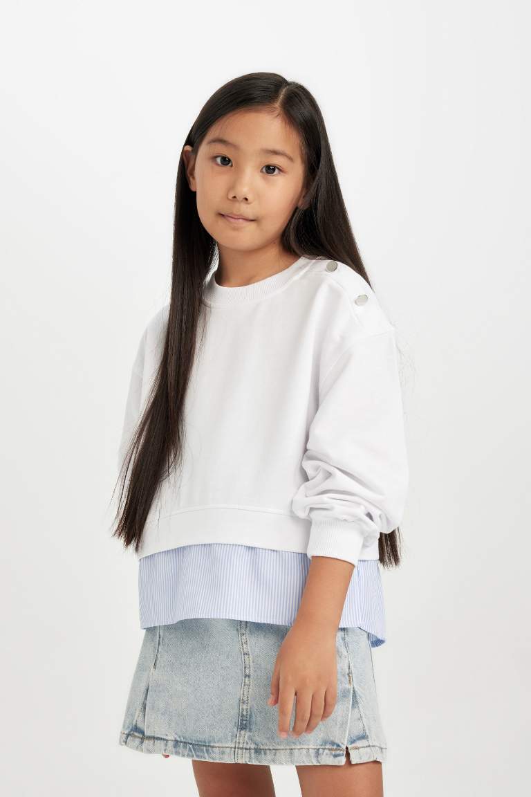 Girl Relax Fit Crew Neck Button Detail Sweatshirt