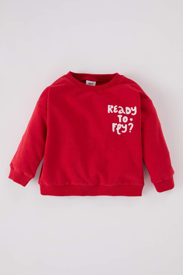 Erkek Bebek Bisiklet Yaka Baskılı İçi Yumuşak Tüylü Sweatshirt