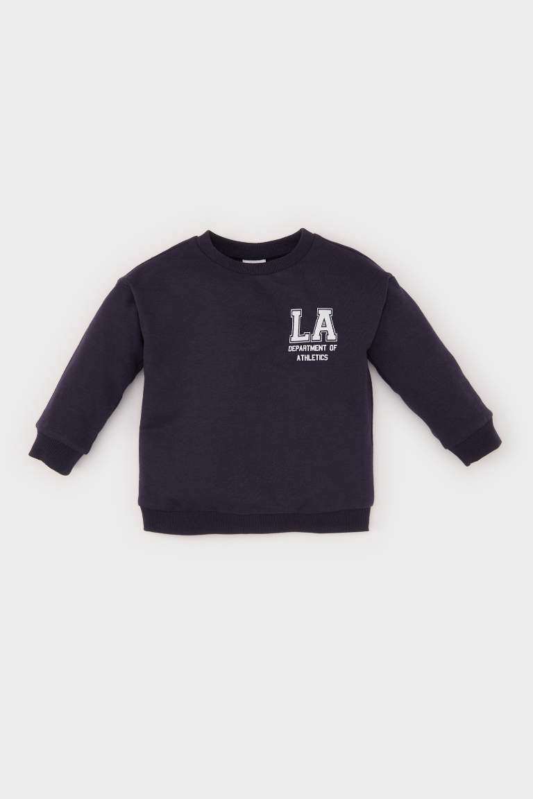 Erkek Bebek Bisiklet Yaka Baskılı İçi Yumuşak Tüylü Sweatshirt