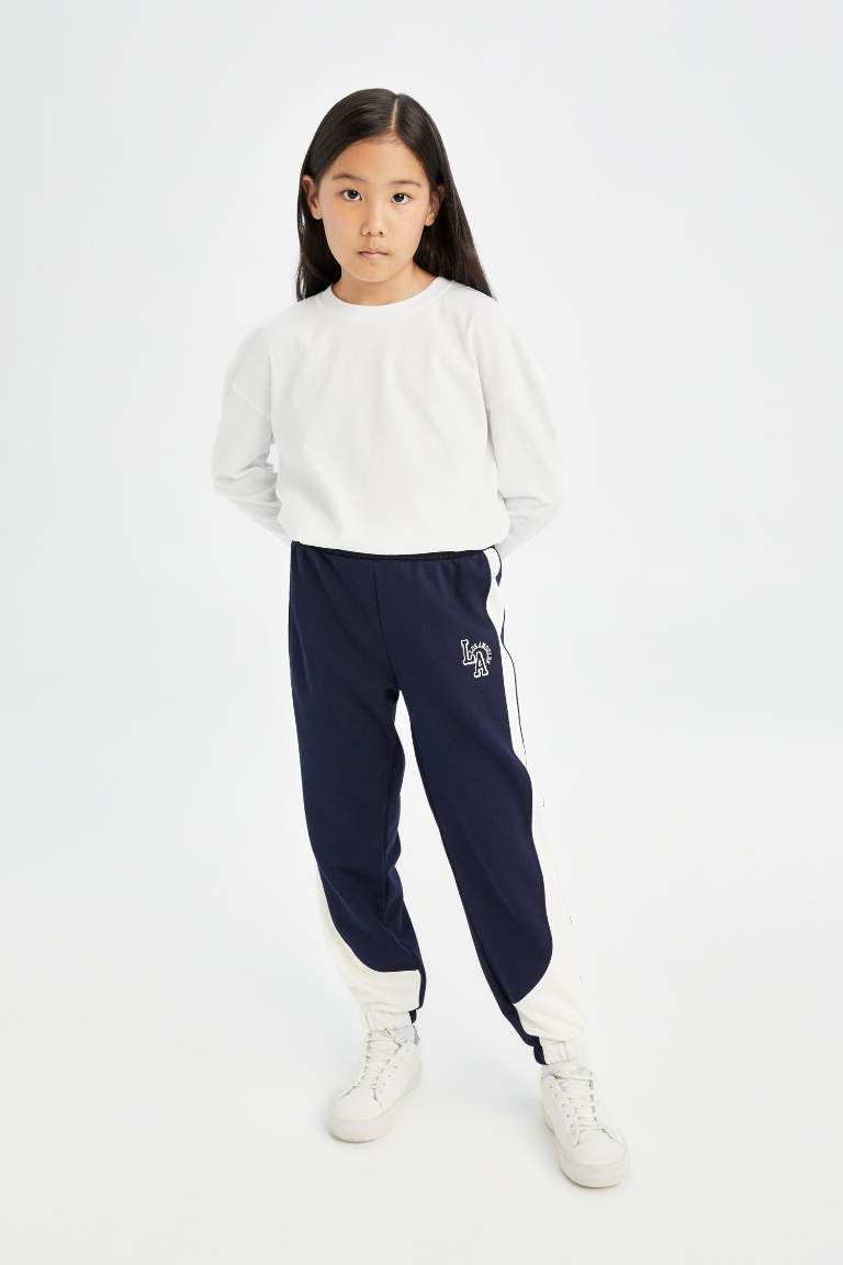 Girl Printed Waist Leg Elastic Blue Jogger Sweatpants