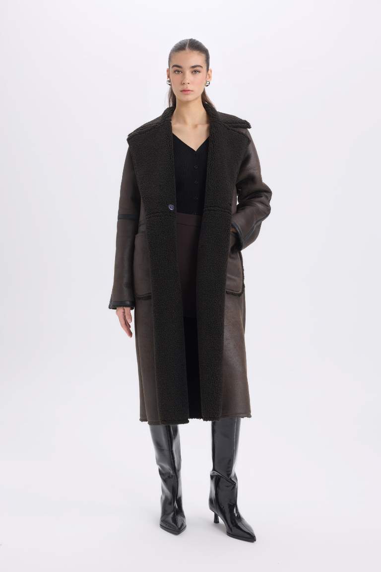 Regular Fit Smokin Yaka Suni Deri Düğmeli Cepli Pelüş Astar Parka