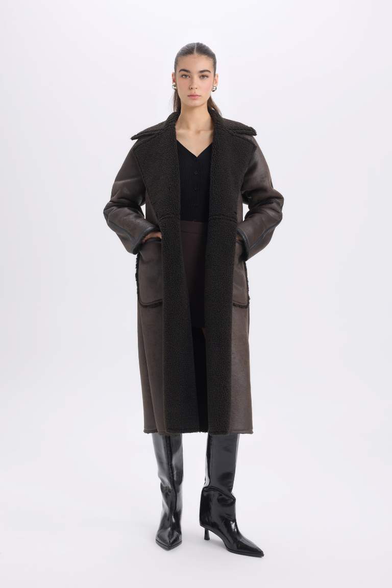Regular Fit Smokin Yaka Suni Deri Düğmeli Cepli Pelüş Astar Parka