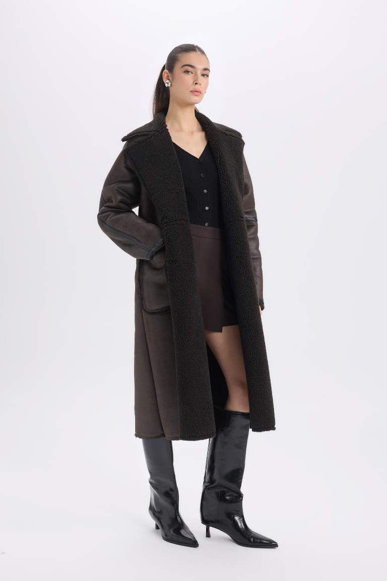 Regular Fit Smokin Yaka Suni Deri Düğmeli Cepli Pelüş Astar Parka