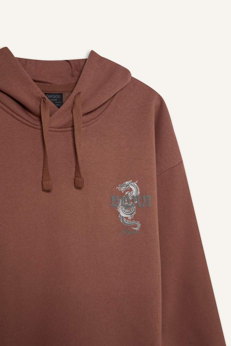 Boxy Fit Kapüşonlu Sırt Baskılı Sweatshirt