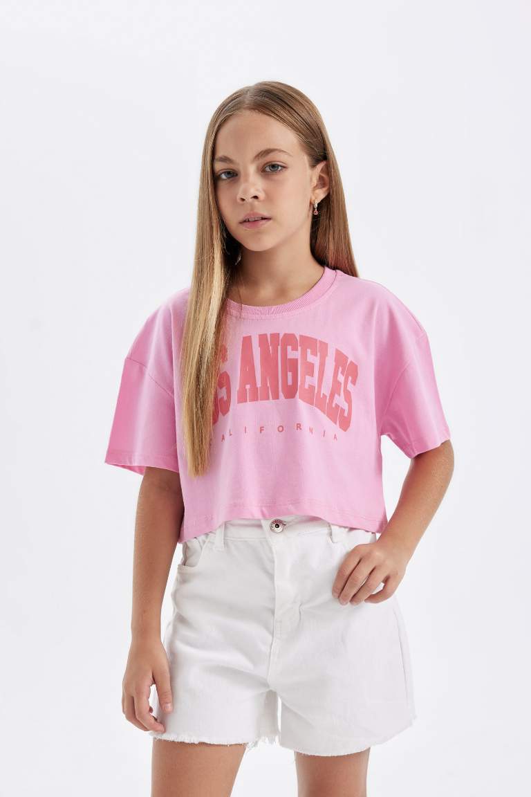 Girl Crew Neck Printed Crop T-Shirt