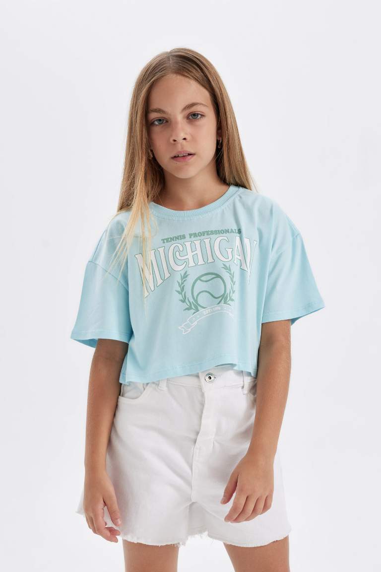 Girl Crew Neck Printed Crop T-Shirt