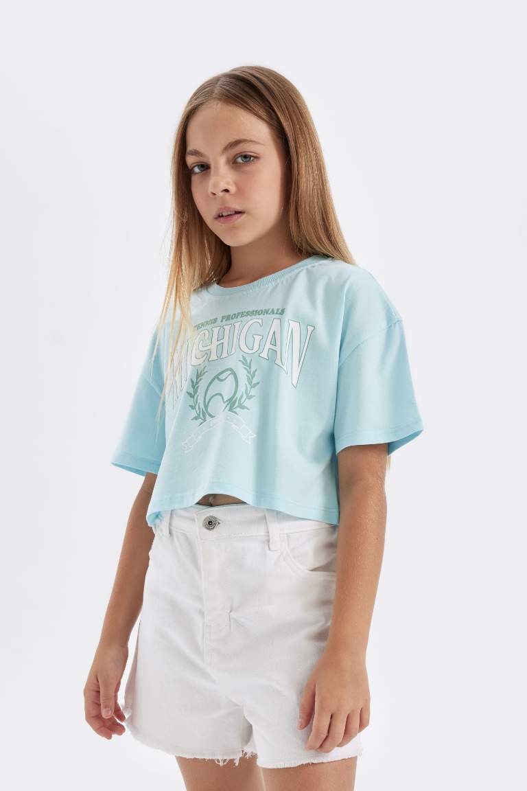 Girl Crew Neck Printed Crop T-Shirt