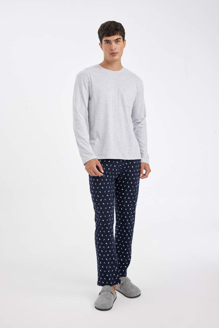 Pijama Takımı Bisiklet Yaka Uzun Kollu Üst Desenli Beli Lastikli Alt