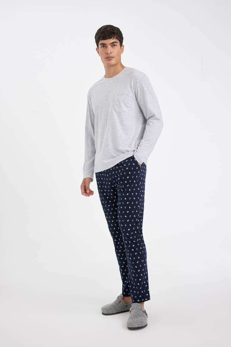 Pijama Takımı Bisiklet Yaka Uzun Kollu Üst Desenli Beli Lastikli Alt