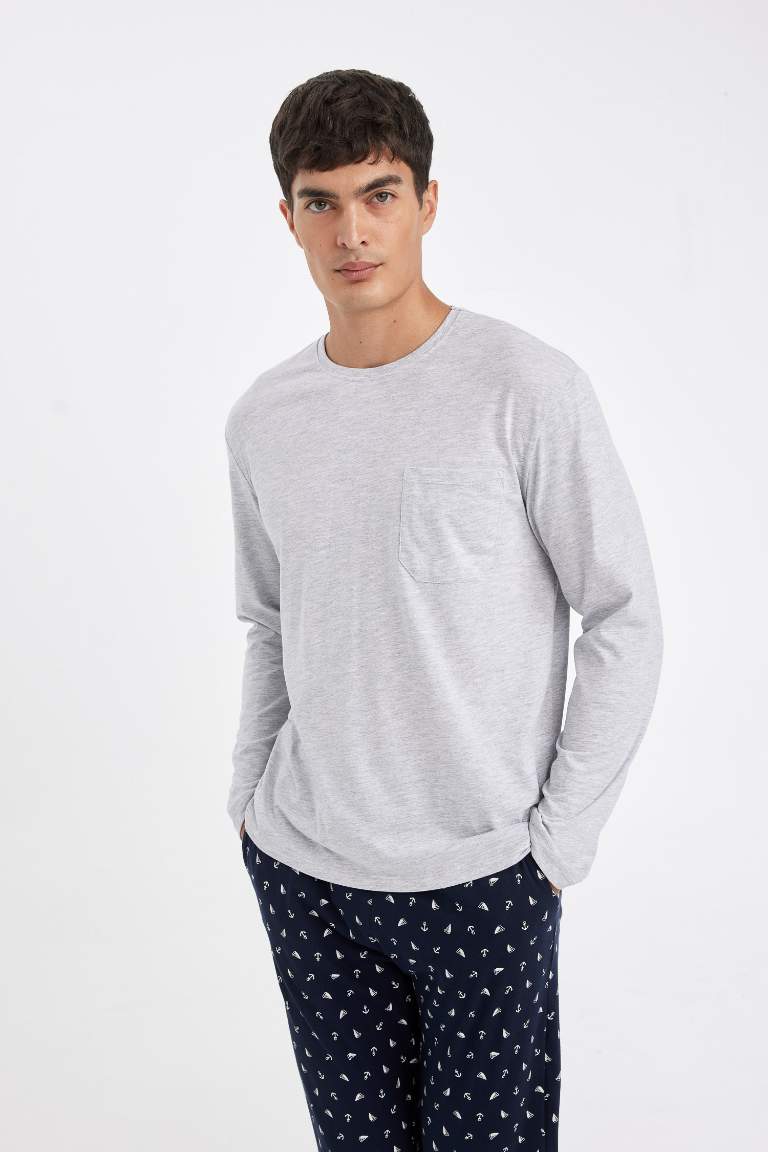 Pijama Takımı Bisiklet Yaka Uzun Kollu Üst Desenli Beli Lastikli Alt