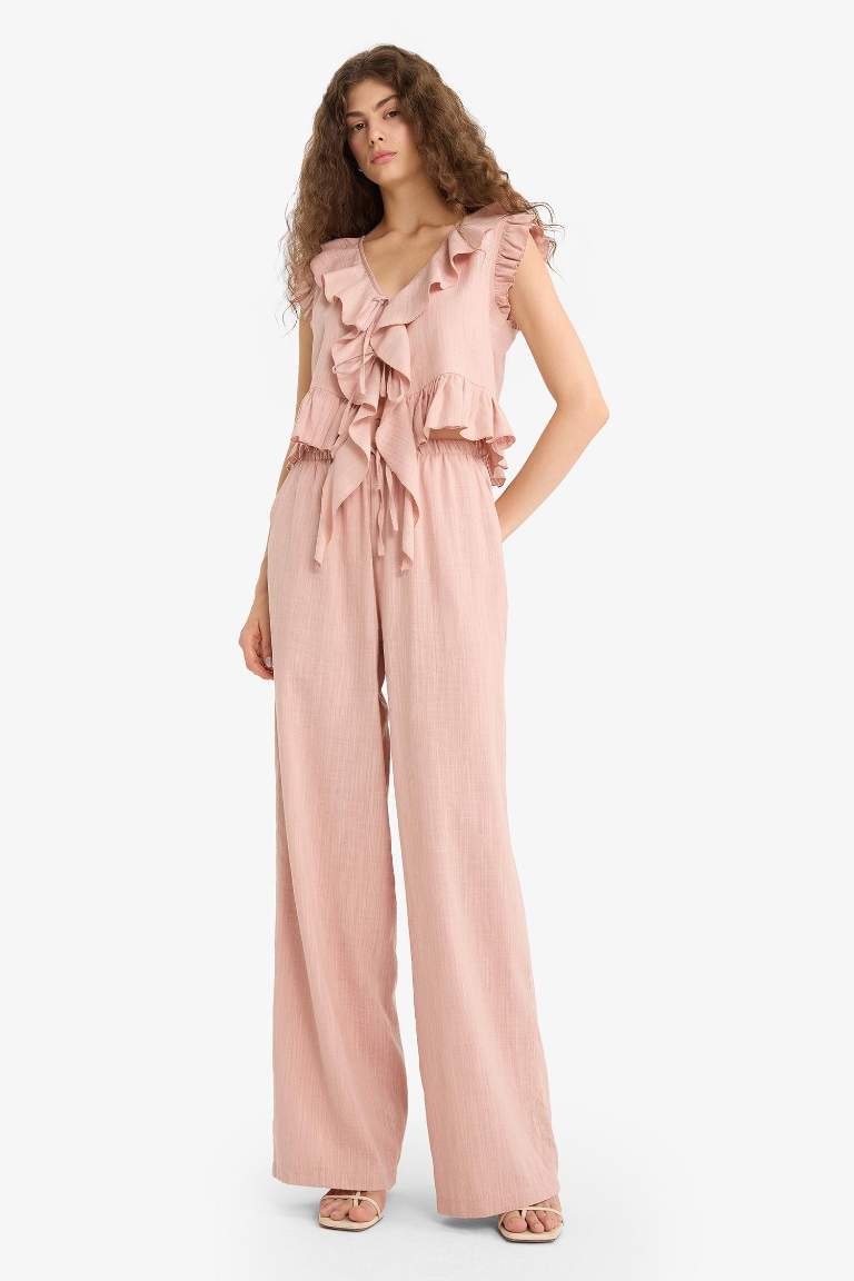 Pantolon Wide Leg Çift Cepli Normal Bel Standart Boy
