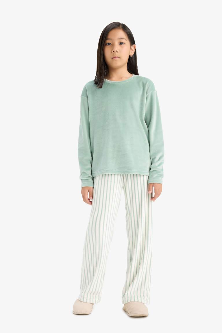 Kız Çocuk Pijama Takımı Polar Uzun Kollu Üst Çizgili Uzun Alt