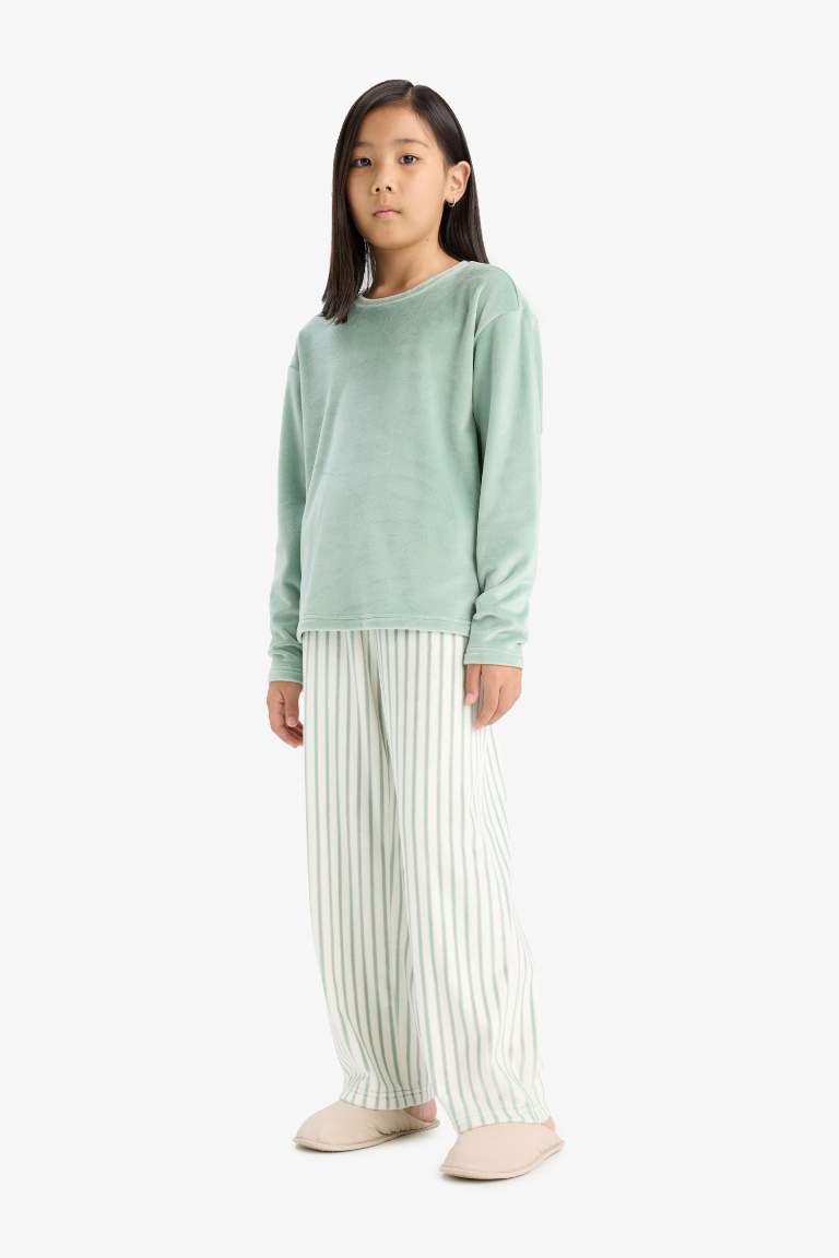 Kız Çocuk Pijama Takımı Polar Uzun Kollu Üst Çizgili Uzun Alt