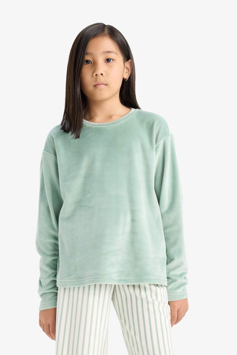 Kız Çocuk Pijama Takımı Polar Uzun Kollu Üst Çizgili Uzun Alt