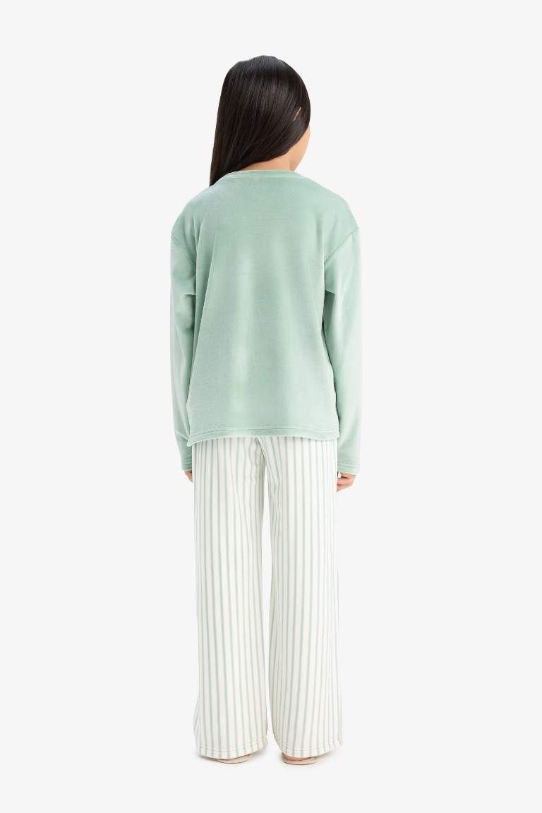 Kız Çocuk Pijama Takımı Polar Uzun Kollu Üst Çizgili Uzun Alt