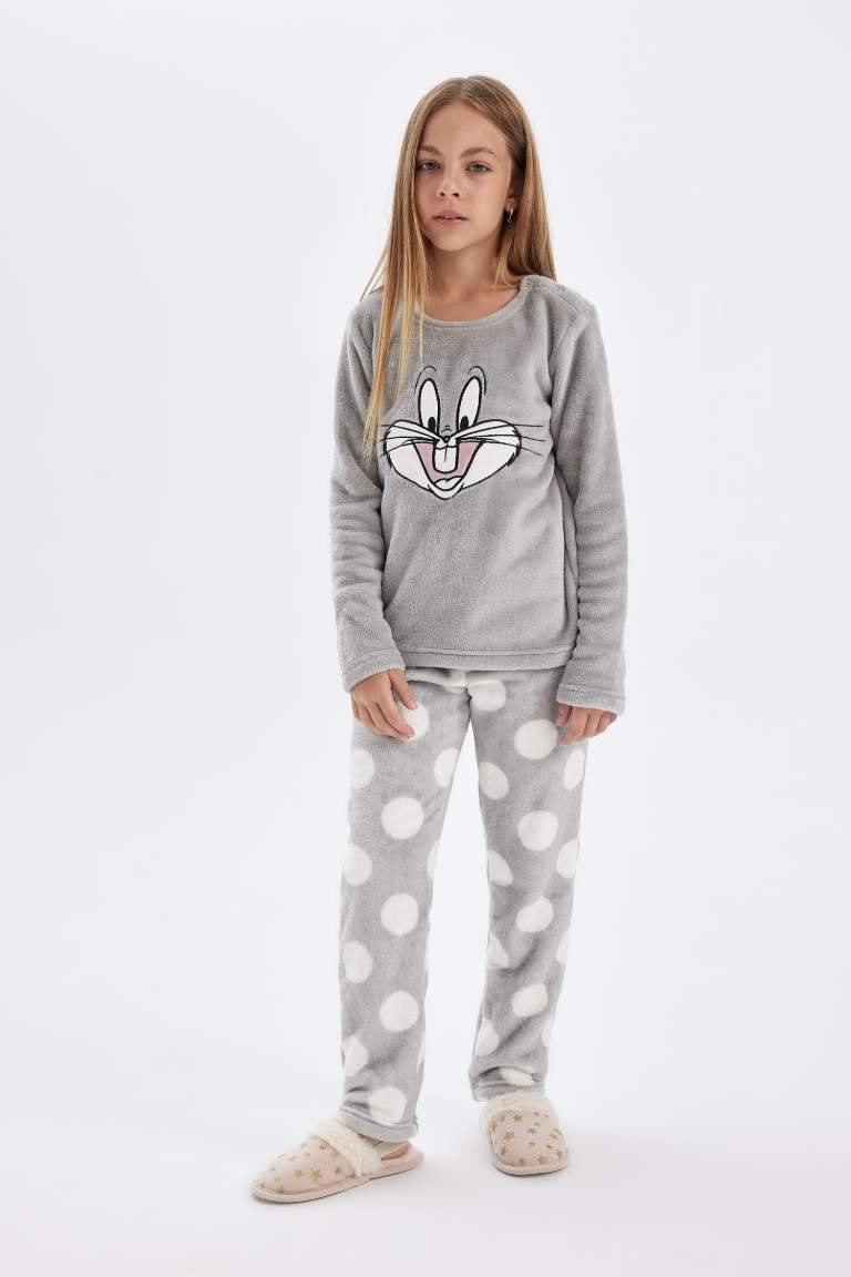 Kız Çocuk Pijama Takımı Looney Tunes Pelüş Uzun Kollu Üst Uzun Alt