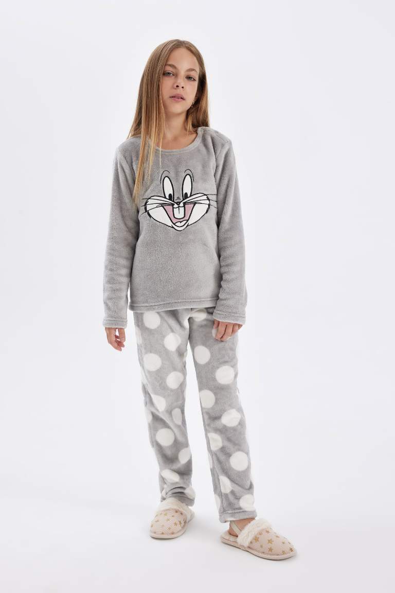 Kız Çocuk Pijama Takımı Looney Tunes Pelüş Uzun Kollu Üst Uzun Alt