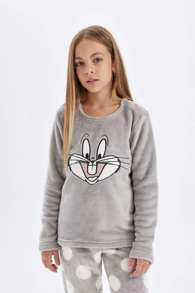 Kız Çocuk Pijama Takımı Looney Tunes Pelüş Uzun Kollu Üst Uzun Alt