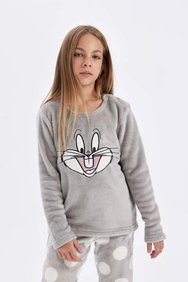 Kız Çocuk Pijama Takımı Looney Tunes Pelüş Uzun Kollu Üst Uzun Alt