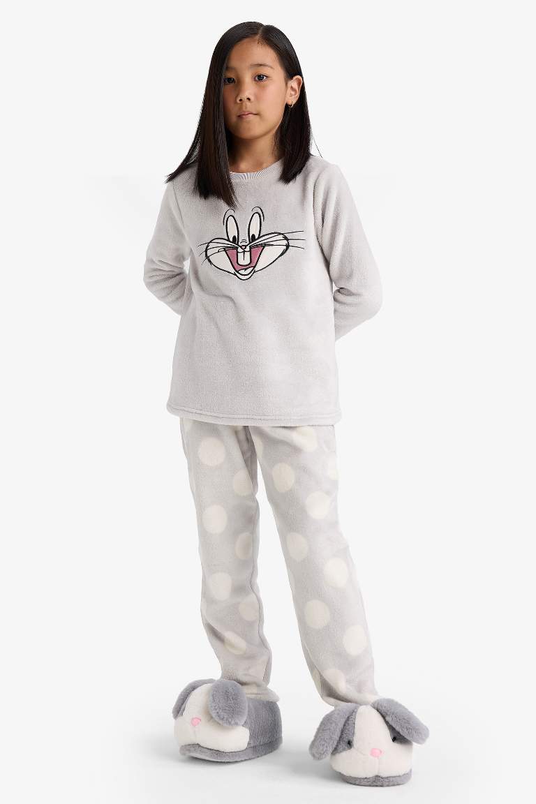 Kız Çocuk Looney Tunes Pijama Takımı Nakışlı Pelüş Uzun Kollu Üst Uzun Alt