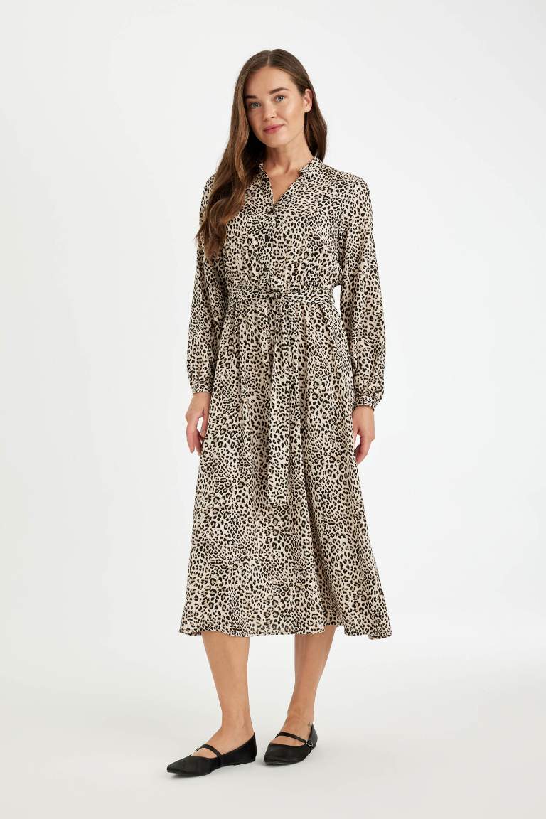 Patterned Long Sleeve Belted Leopard Maxi Dress