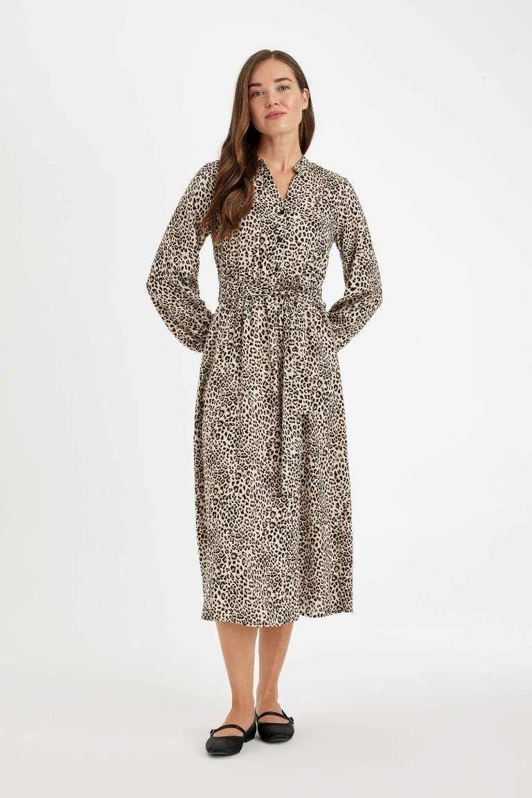 Patterned Long Sleeve Belted Leopard Maxi Dress