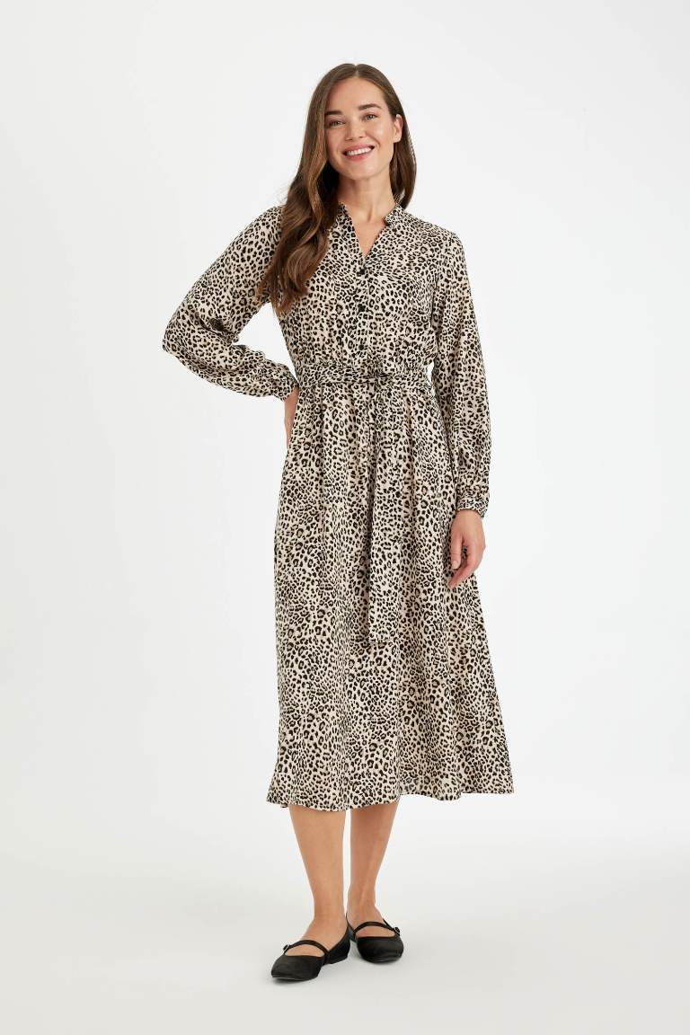 Patterned Long Sleeve Belted Leopard Maxi Dress