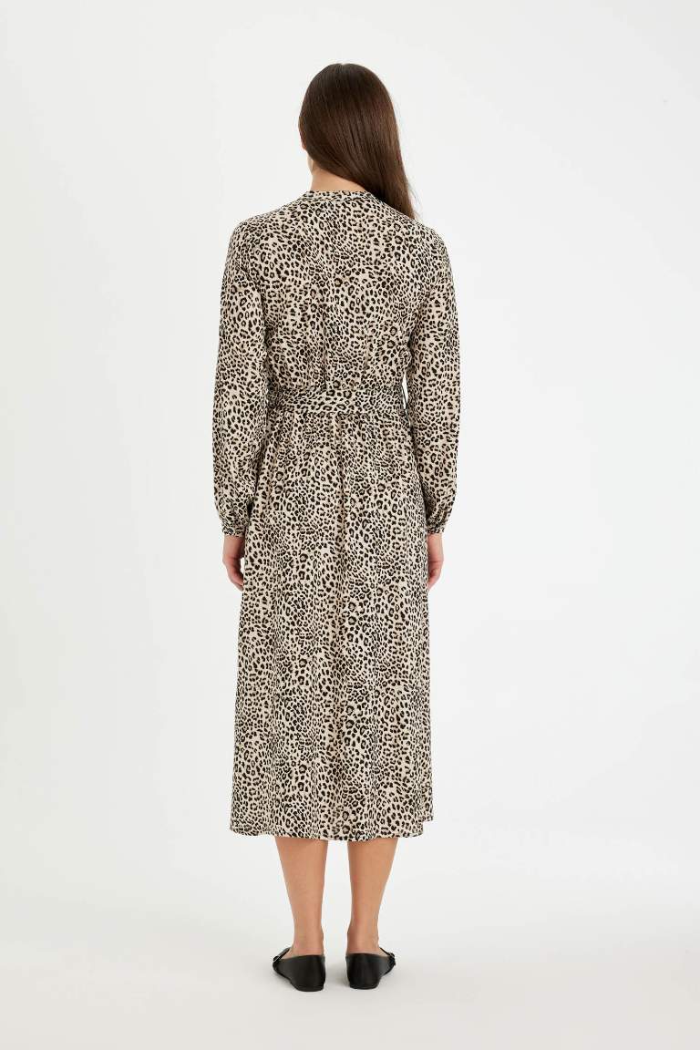 Patterned Long Sleeve Belted Leopard Maxi Dress