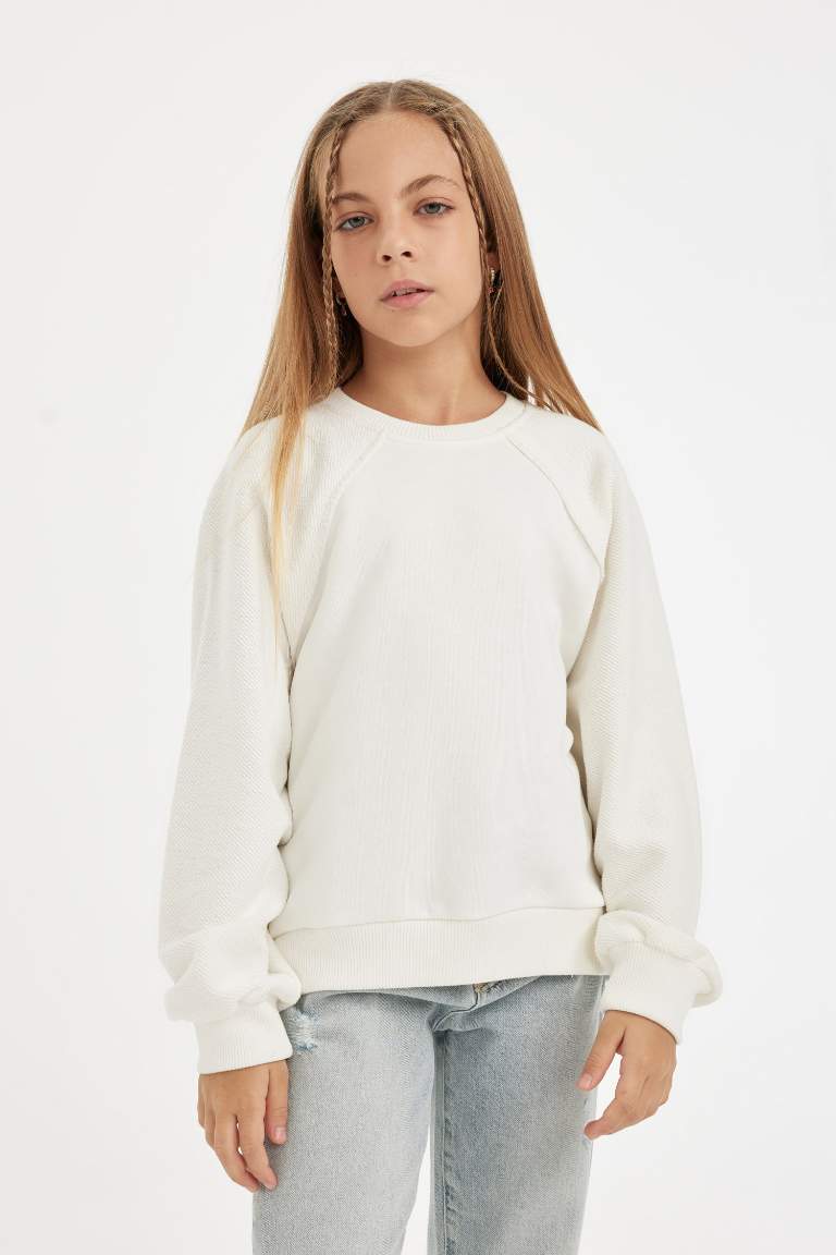 Kız Çocuk Relax Fit Basic Düz Bisiklet Yaka Sweatshirt