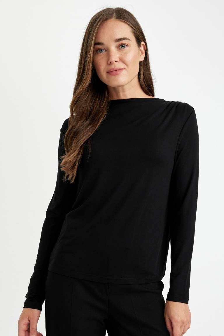 Regular Fit Degaje Collar Basic Long Sleeve Black T-Shirt