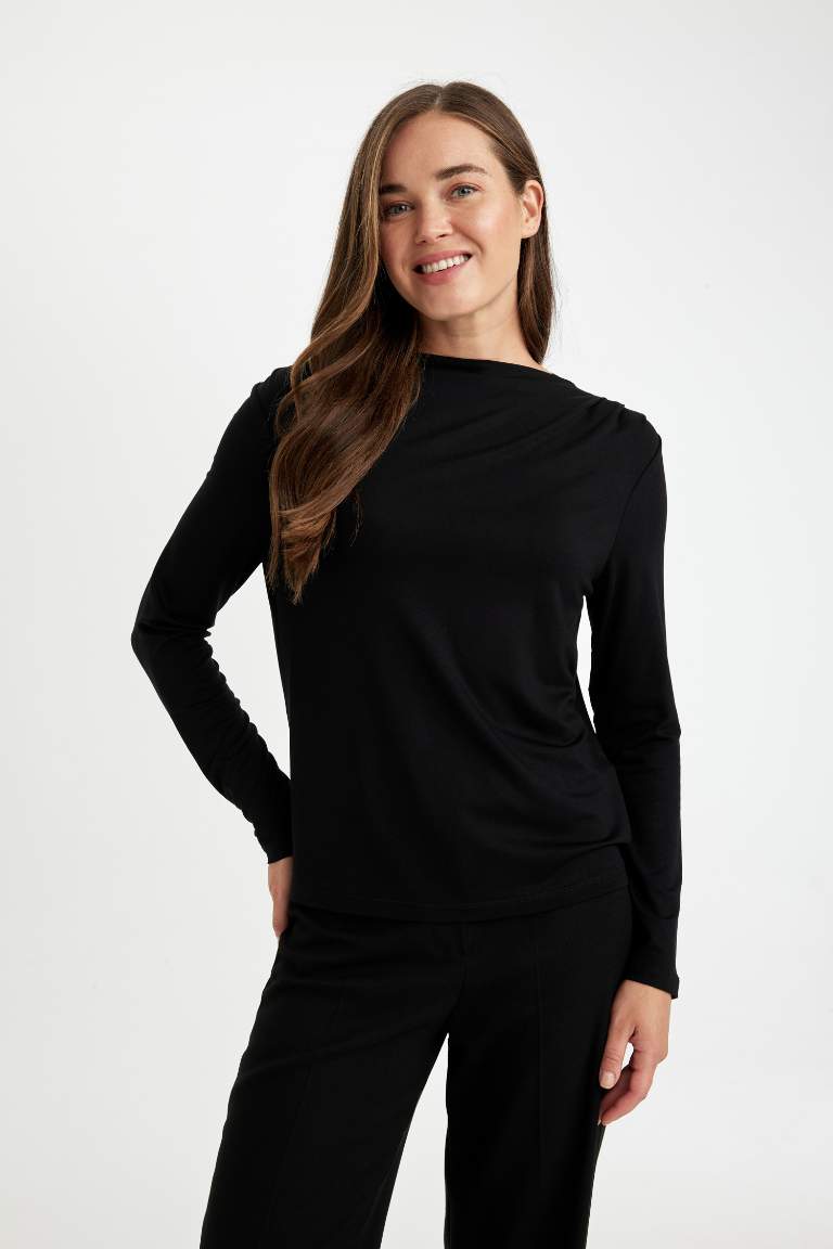 Regular Fit Degaje Collar Basic Long Sleeve Black T-Shirt