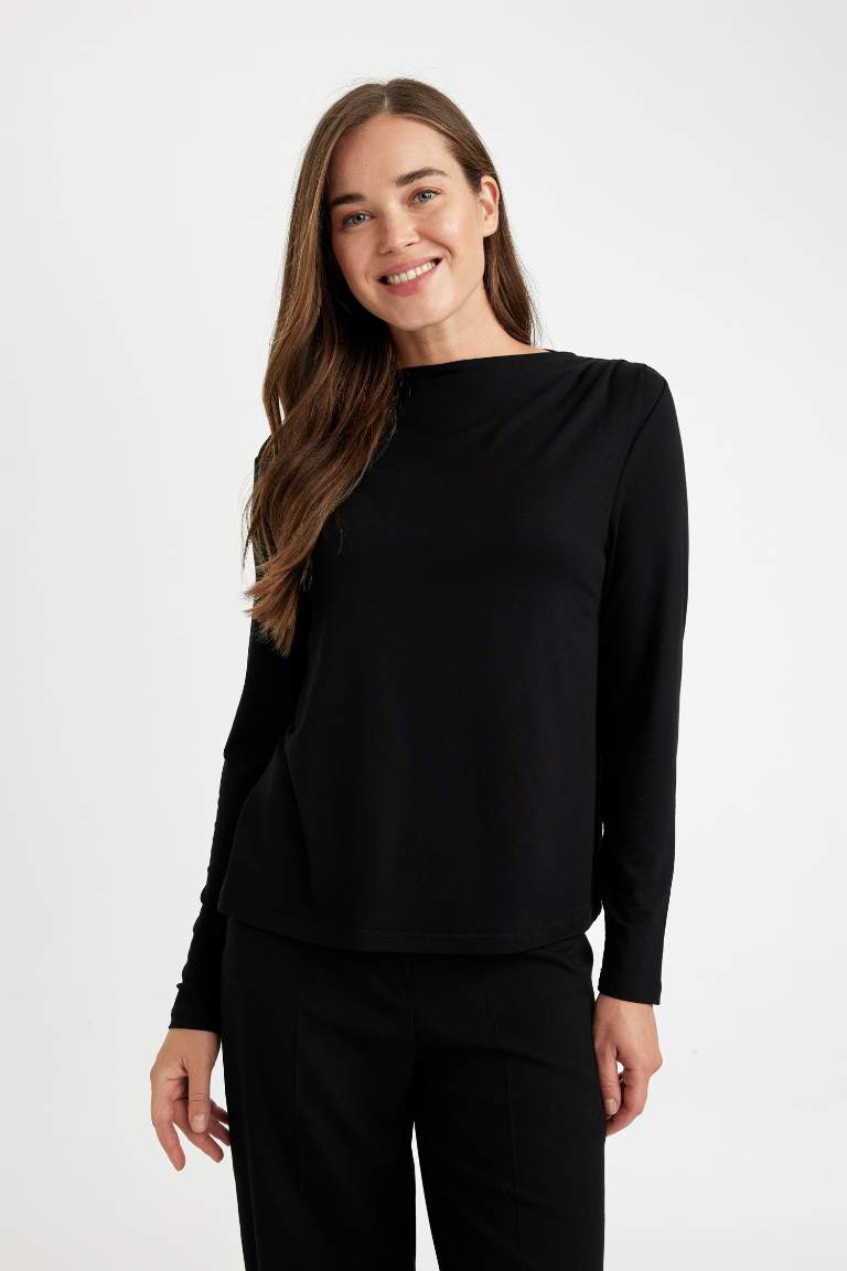 Regular Fit Degaje Collar Basic Long Sleeve Black T-Shirt