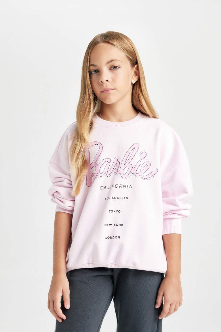 Girl Oversize Fit Crew Neck Soft Furry Barbie Sweatshirt