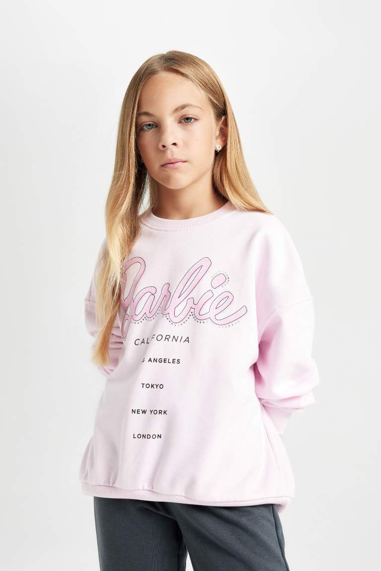 Girl Oversize Fit Crew Neck Soft Furry Barbie Sweatshirt