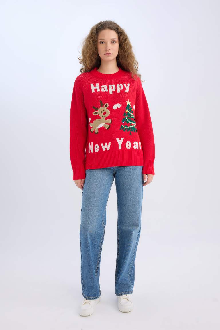 Christmas Themed Oversize Fit Half Turtleneck Pullover