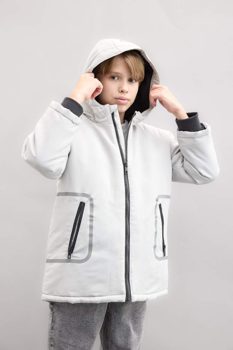 Boy Waterproof Hooded Fleece Lined Zippered Puffer Jacket