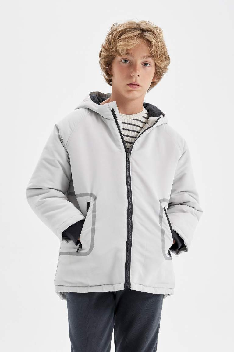 Boy Waterproof Hooded Fleece Lined Zippered Puffer Jacket