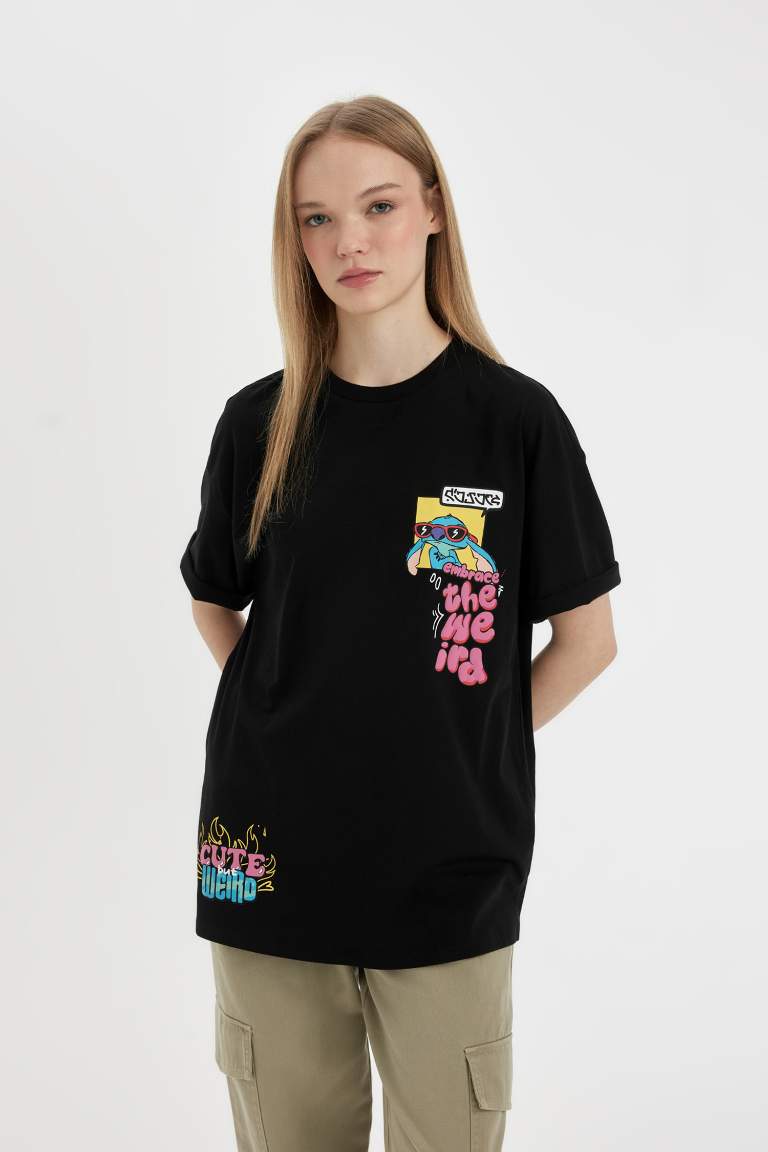 Oversize Fit Lilo & Stitch Licensed Crew Neck Printed Short Sleeve T-Shirt