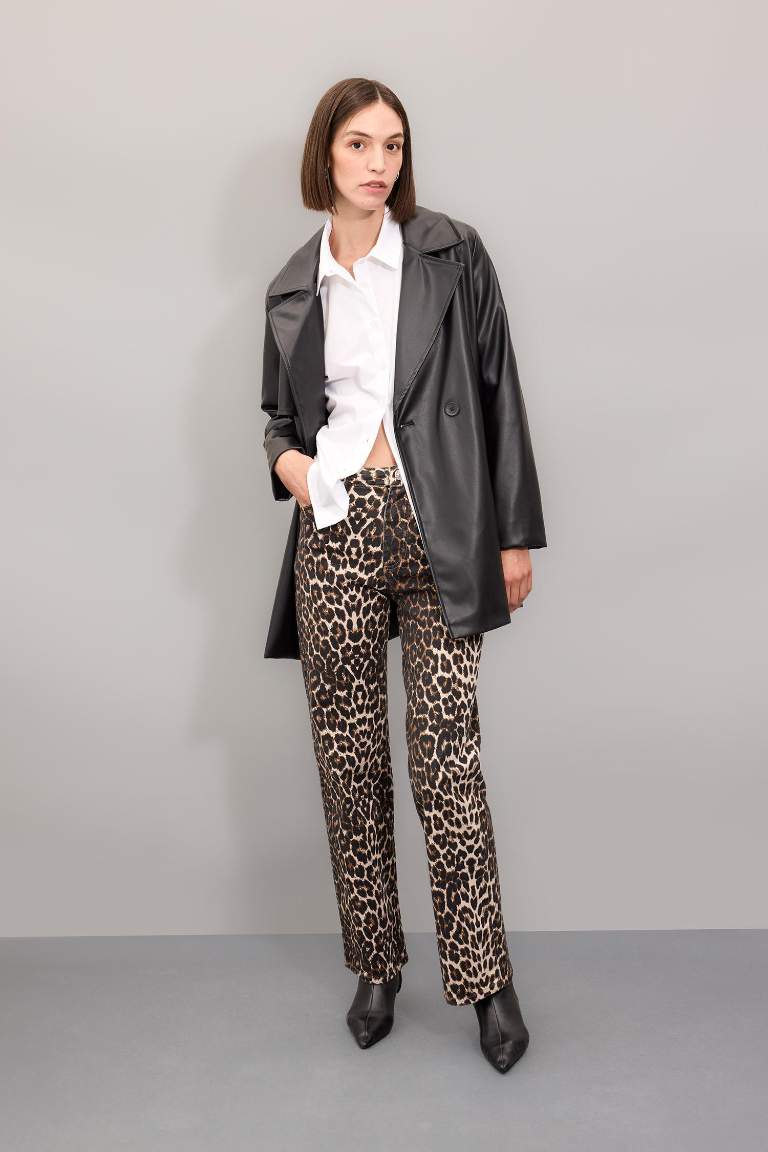 Straight Fit Leopar Gabardin Palazzo Pantolon Yüksek Bel Cepli Uzun