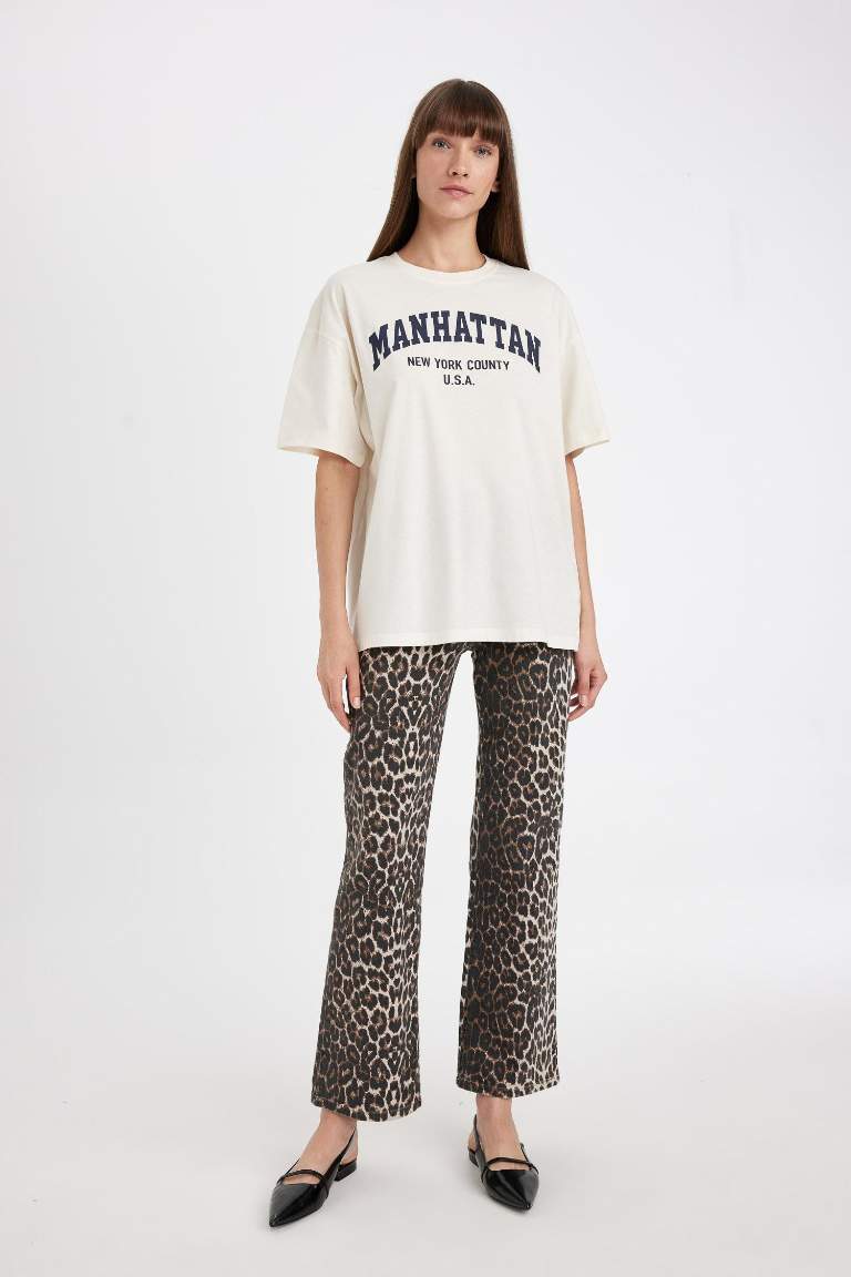 Straight Fit Leopar Gabardin Palazzo Pantolon Yüksek Bel Cepli Uzun